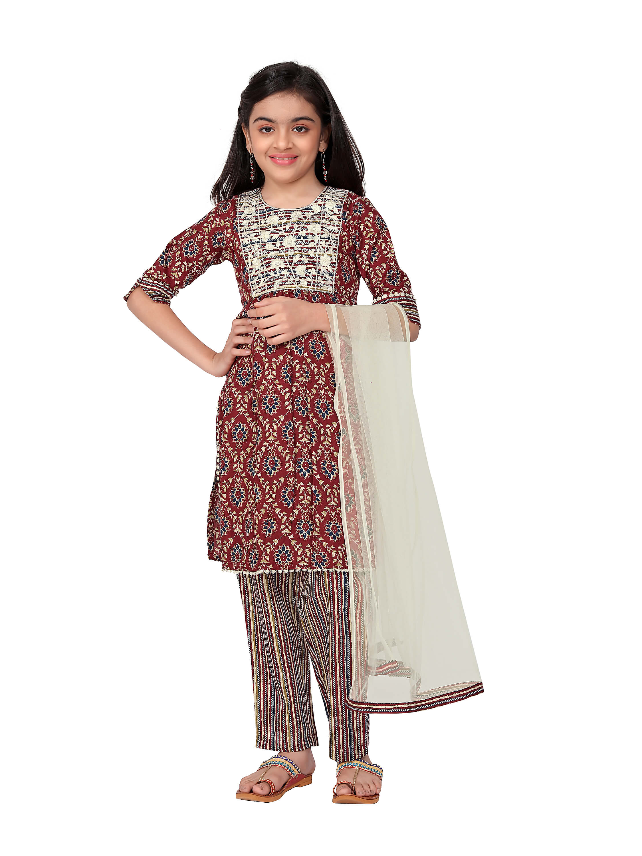 Girls Embrodrery Kurta with Bottom Dupatta set