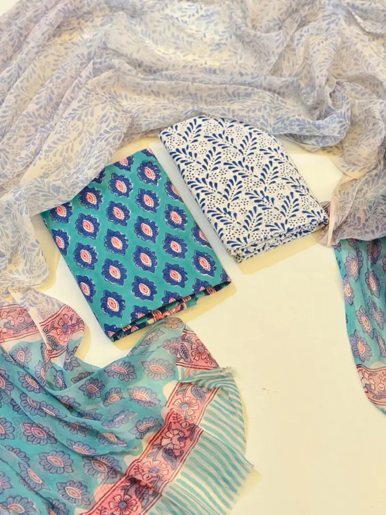 Sky blue print off white colour pure cotton suit set