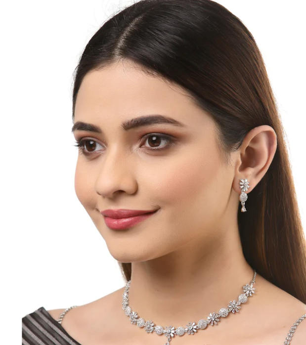 SILVER PLATED FLORAL AMERICAN DIAMOND NECKLACE SET FOR WOMEN