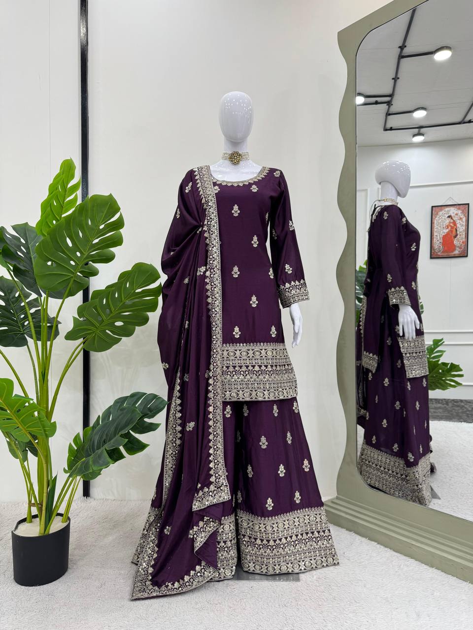 Designer Chinon Silk Top Sharara Dupatta Set