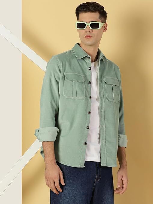 Mint Green Casual Cotton Shirt for Men with Patch Pockets