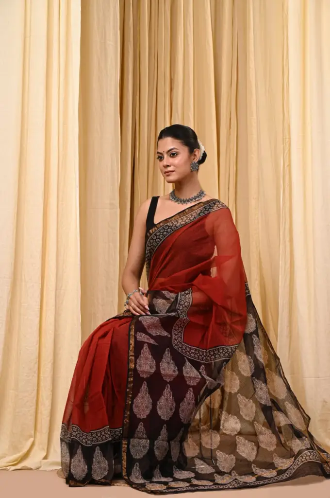 Hand block printed traditional Saree