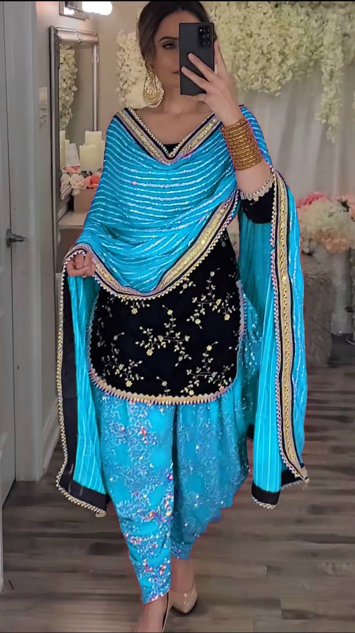 Viscose Velvet & Faux Georgette Dhoti Salwar Set