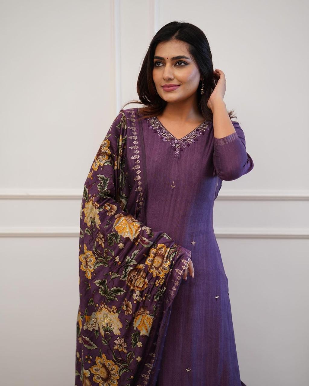 Purple Floral Embroidered Kurti Set with Printed Dupatta