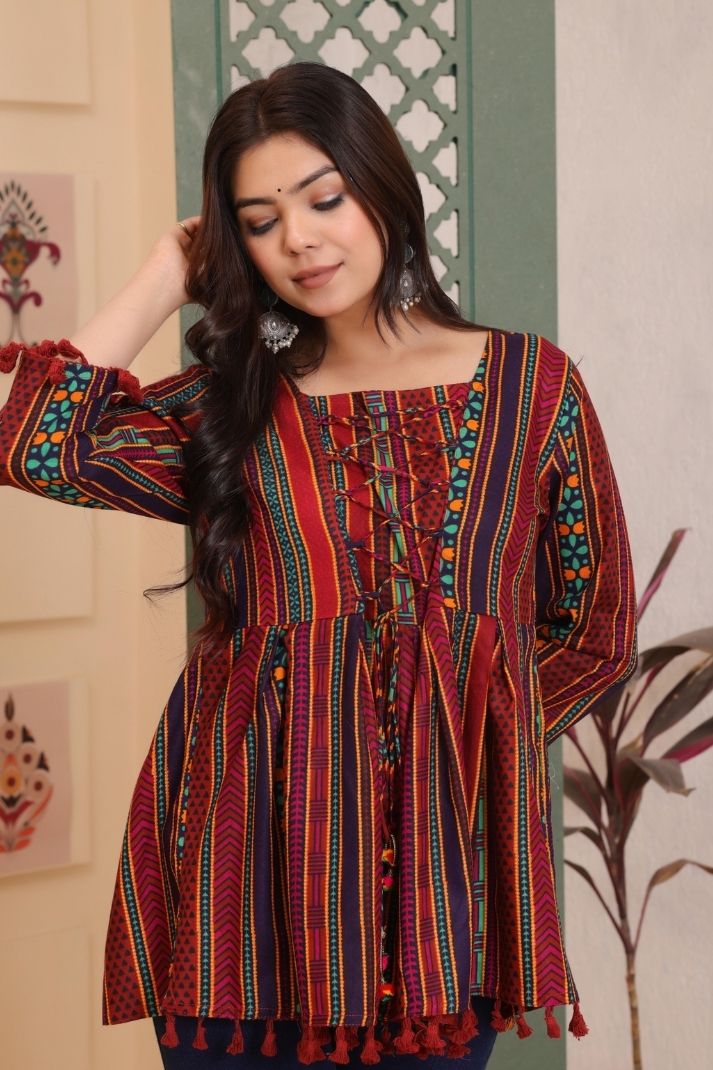 Boho-Chic Printed Cotton Peplum Top with Tassels