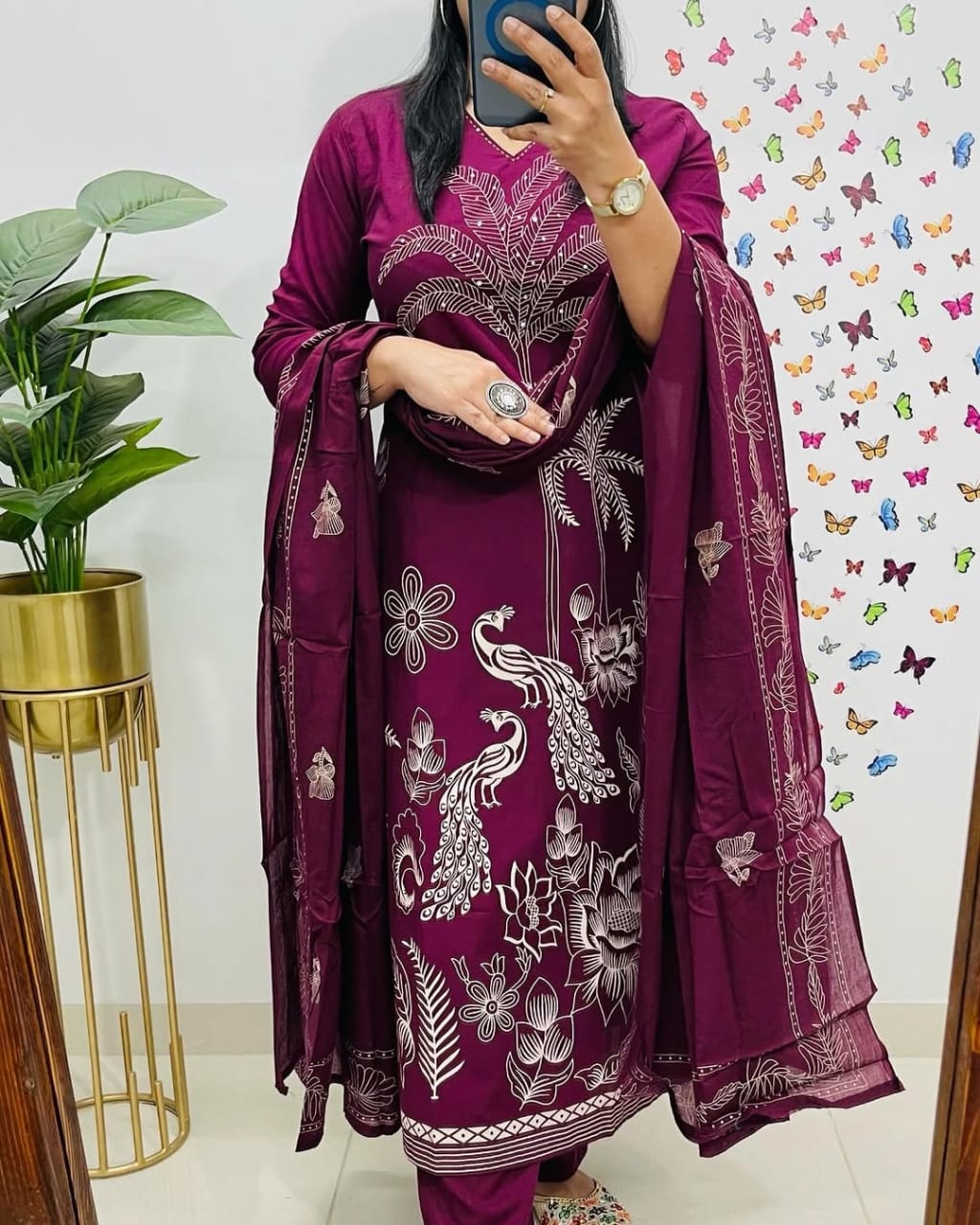 Elegant Peacock Print Cotton Suit Set