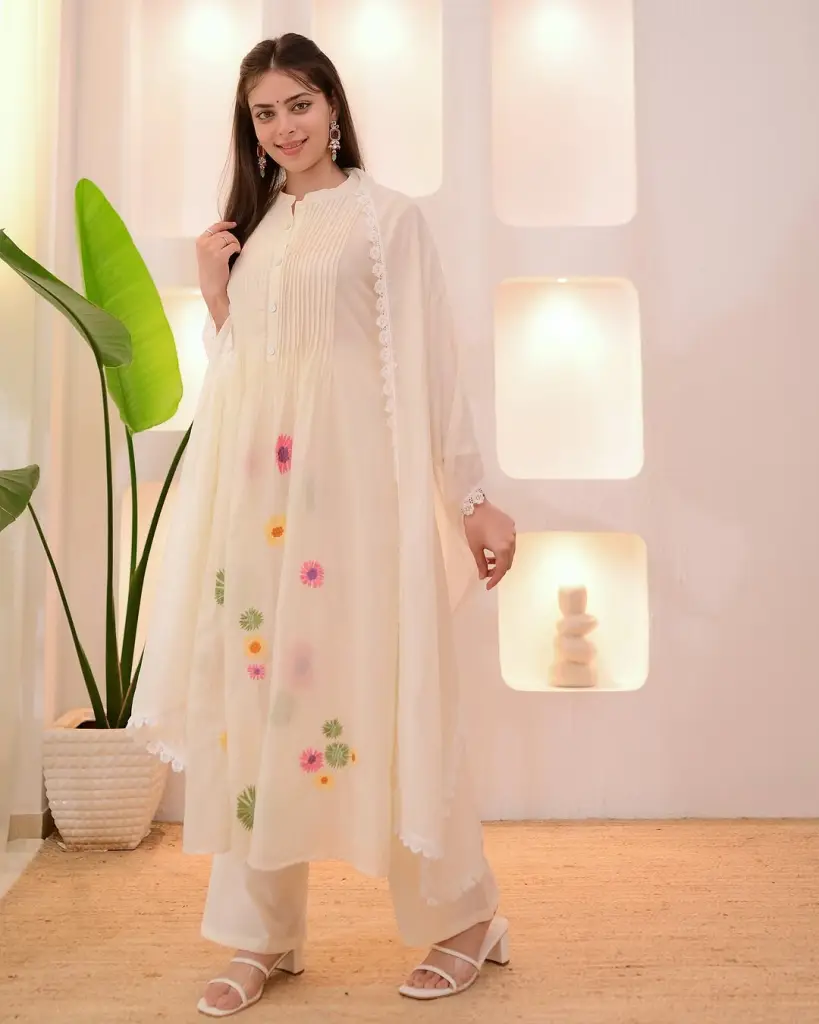  White Ivory Pastel Floral Cotton Suit Set